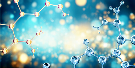 Horizontal banner with model of abstract molecular structure. Background of blue color with glass atom model