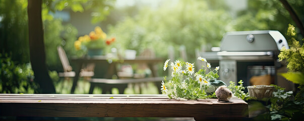 summer time in backyard. Grill in garden on wooden table. - obrazy, fototapety, plakaty