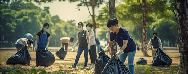 Volunteers cleaning green park from garbage.