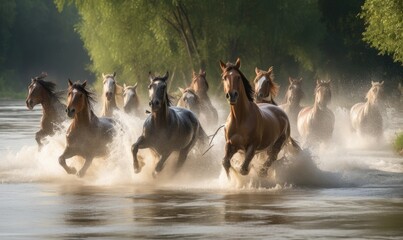 Fototapeta na wymiar Horseback riders splashing through the river
