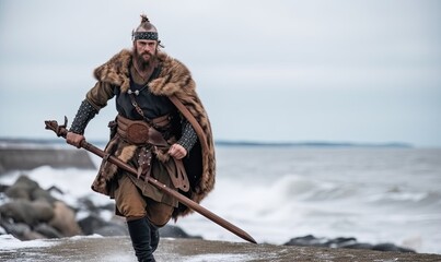 Viking marauders walk the beach, wrapped in animal skins