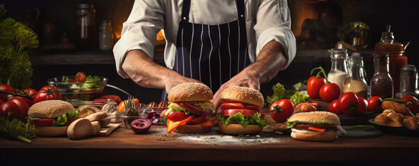 Chef prepare finest hamburger. wide banner