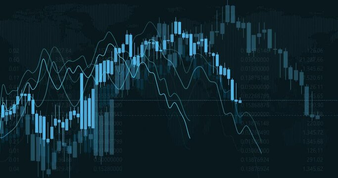 Candlestick- and barchart animation from live trading on the global stock market. Stock market index animation with world map in the background. Global stock exchange. Bitcoin trading. Light blue. 4k 