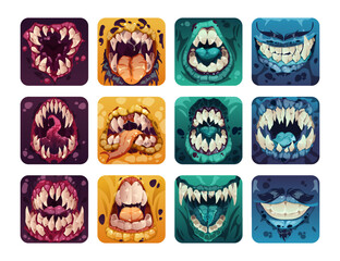 Scary mouth logo. Creepy colorful monster teeth cartoon style, comic horror alien zombie smile tongue for game design GUI assets. Vector fantasy set © Tartila