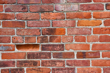 Horizontal brick wall with one indented brick and grimy surface with middle row being smaller bricks