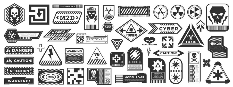 Cyberpunk black stickers. Danger warning label with AI control, extreme futuristic warning sign. Secure area frame banner. Vector decals isolated set