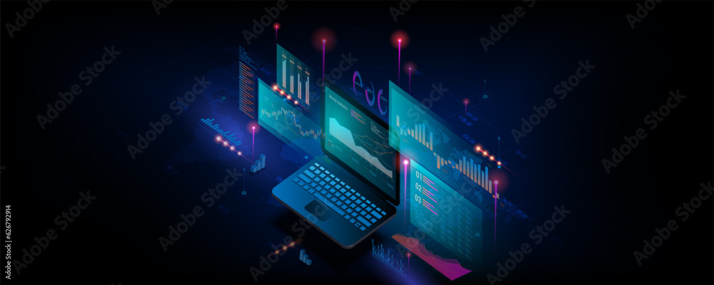 Wall mural laptop background image with business graph and marketing finance analysis data