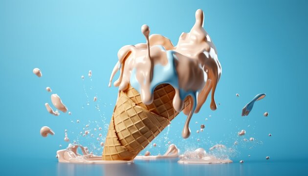 Creamy Delight: Ice Cream Swirls on a Refreshing Blue Background, Generative AI