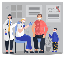 Little boy looking at father during vaccination. Protection against diseases and viruses for young and old patients. Stop Covid-19 concept. Flat vector illustration
