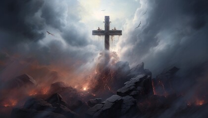 Obraz premium Divine Cross in the Clouds - A Symbol of Hope and Salvation, Generative AI