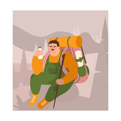 Man resting while hiking, drinking water. Tourist with backpack climbed mountain. Tourists visiting locations, traveling aboard. Flat vector illustration in cartoon style