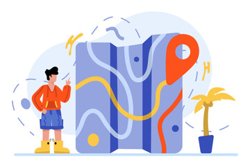 Male standing near big map and prepare for traveling. Traveler searching for locations. Finding route while traveling. Time for discovering new places. Flat vector illustration in blue and red colors