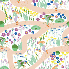 White Biking in the park Woman with long hairs seamless background pattern. Spring in the park with flowers and bushes vector pattern.