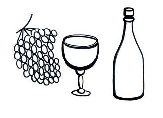 Set of grapes, wine glass and bottle. Contour drawing in black. Isolated on white background.