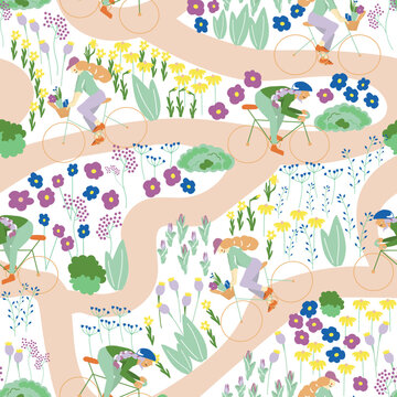 White Biking in the park Woman with long hairs seamless background pattern. Spring in the park with flowers and bushes vector pattern. © ElifEmilie
