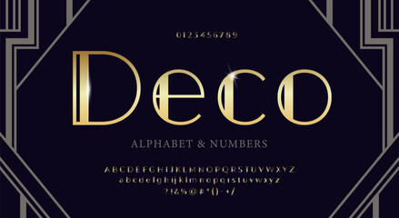 Elegant gold alphabet in art deco style. Font with signs and symbols