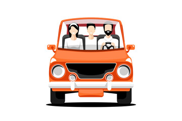 Family human in orange personal car on isolated background, Vector illustration.