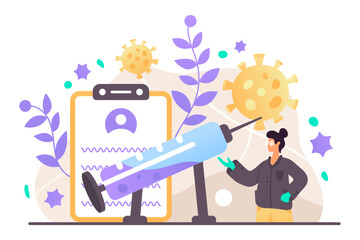 Female in protective gloves examine vaccine. Virus protection. Concept of boosting immune system. Drug testing and manufacturing concept. Flat vector illustration in purple and yellow colors