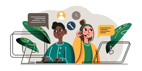 Ladies in headphones working in office, helping clients. Online help for costumers concept. Employees working in call center. Technical global support online. Flat vector illustration in cartoon style