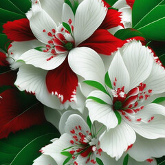 White and red flowers with green stems and leaves.