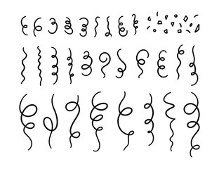 Doodle greeting confetti and streamers set. Hand drawn falling confetti collection. Doodle party firecracker and popper elements. Vector illustration on white background in childish style.