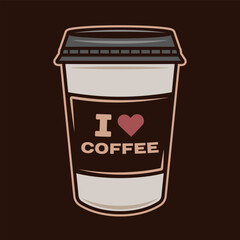 Coffee paper cup with inscription i love coffee vector illustration in colored style on dark background
