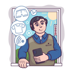 Man holding smartphone and looking at summer clothes. Electronic commerce benefits. Process of making purchases online. Time for shopping online using smartphone. Vector illustration in cartoon style