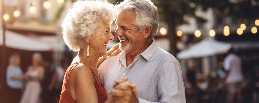 Happy seniros couple dance and smile in the garden.