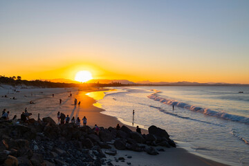 Sunset beach views across Main Beach in Byron Bay, New South Wales, Eastern Australia