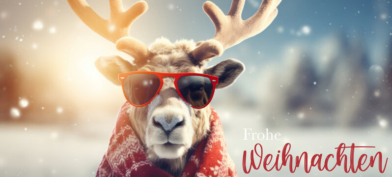 Frohe Weihnachten Urlaub Winter Hintergrund Gru&szlig;karte mit deutschem Text - Cooler Rentier Weihnachtsmann mit Sonnenbrille, Winterlandschaft, Schneeflocken und Sonne Bokeh (Generative Ai)