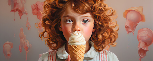 happy child eating ice cream. - obrazy, fototapety, plakaty
