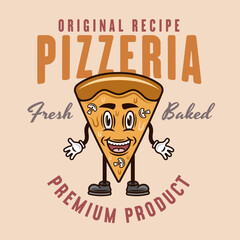 Pizzeria vector emblem, logo, badge or label with pizza piece cartoon character in colored style on light background