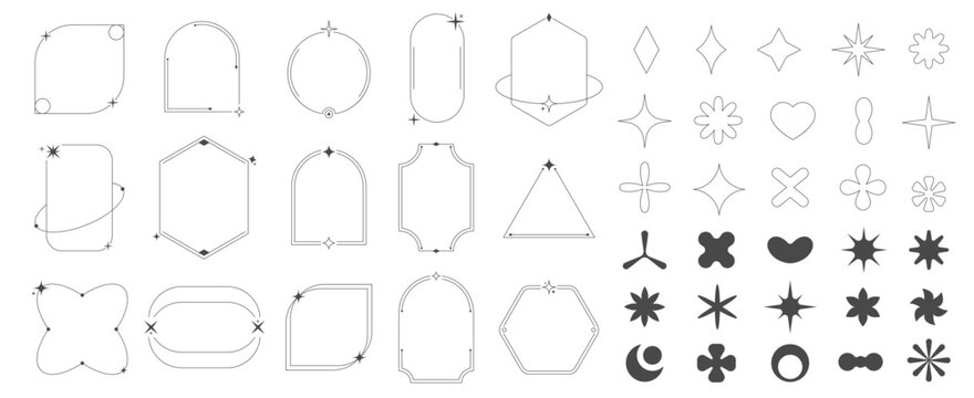 Trendy line geometric shapes. Abstract modern outline forms, minimal brutalist silhouettes, retro cosmic sign symbol flat style vector collection
