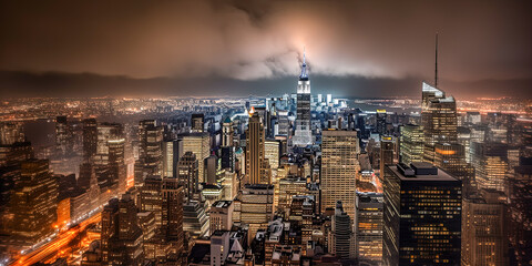 Aerial view of New York City at night - Manhattan - Generative AI