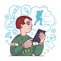 Hockey player chooses sportswear, skates and equipment. Cartoon character holding smartphone and buying sport product. Buyer ordering goods via smartphone. Flat vector illustration