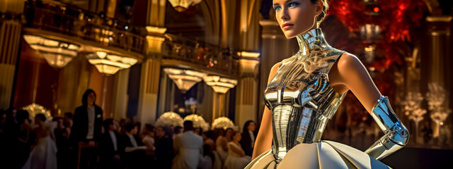futuristic robot in social suits at a ball in the theater, made with Generative AI