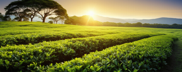 Green field of tea at sunny day, - obrazy, fototapety, plakaty