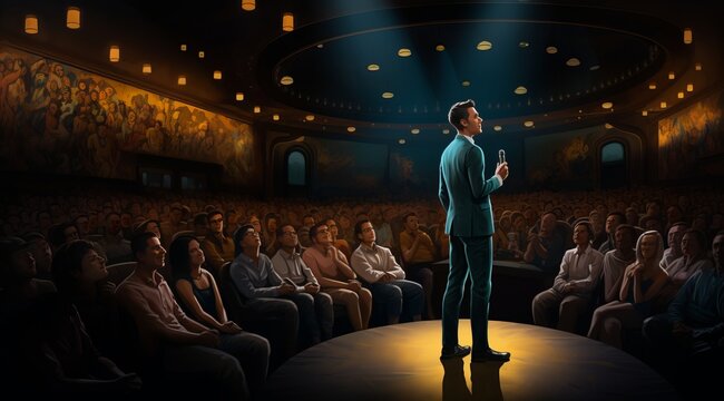 Inspirational Speaker captivating a diverse audience at a grand conference, Generative AI