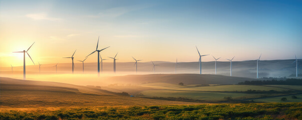 Wind farm at sunrise color landscape background. - obrazy, fototapety, plakaty