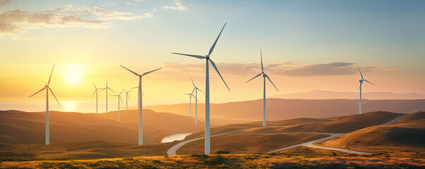 Wind farm at sunrise color landscape background.