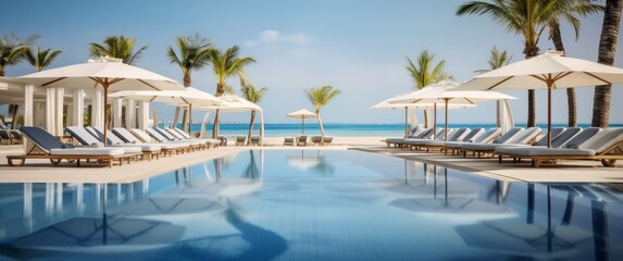 Tropical Paradise Resort with Palm Trees, Umbrellas, and Swimming Pool near the Beach, Relaxation and Luxury Concept, Copy Space, Generative AI