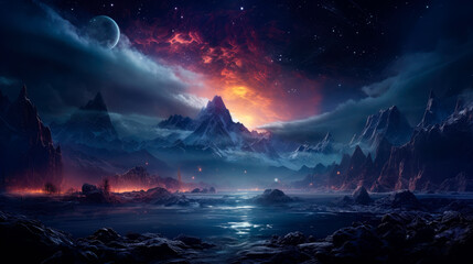 Alien planet - a fantasy landscape with stars, nebula and clouds