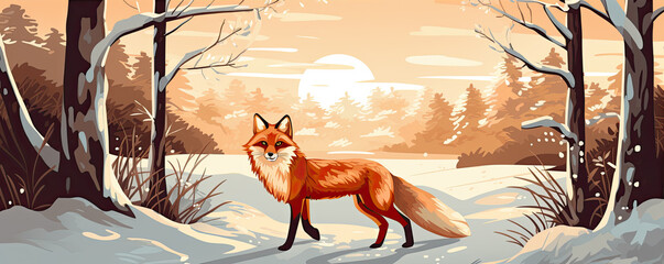 Cartoon fox in wild winter nature.