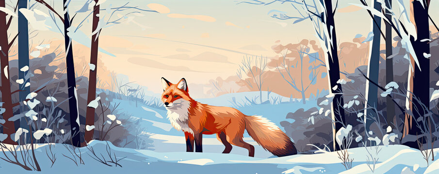 Cartoon fox in wild winter nature.
