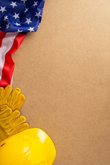 Crafting American Dream: Labor Day Rhapsody. Vertical top view of worker's equipment meticulously...