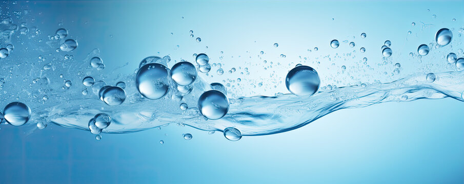 Water drops or oil bubbles on blue background. Droplets panorama picture.