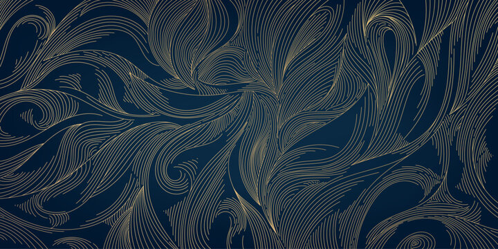 Vector line gold pattern background, wavy hand drawn luxury art deco illustration. Swirls, waves, leaves japanese style design. Dynamic swirl composition.