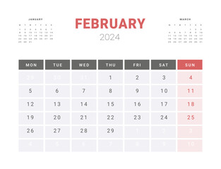 Calendar Template of february 2024. Vector layout simple calendar with week start Monday.