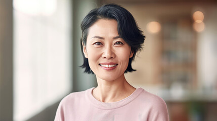 East Asian woman in 40s, black hair, in office