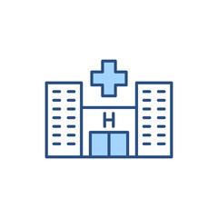 Obraz premium Hospital related vector line icon. Medical facility. Urgent care center. Hospital building. Primary care. Town clinic facade. Isolated on white background. Vector illustration. Editable stroke